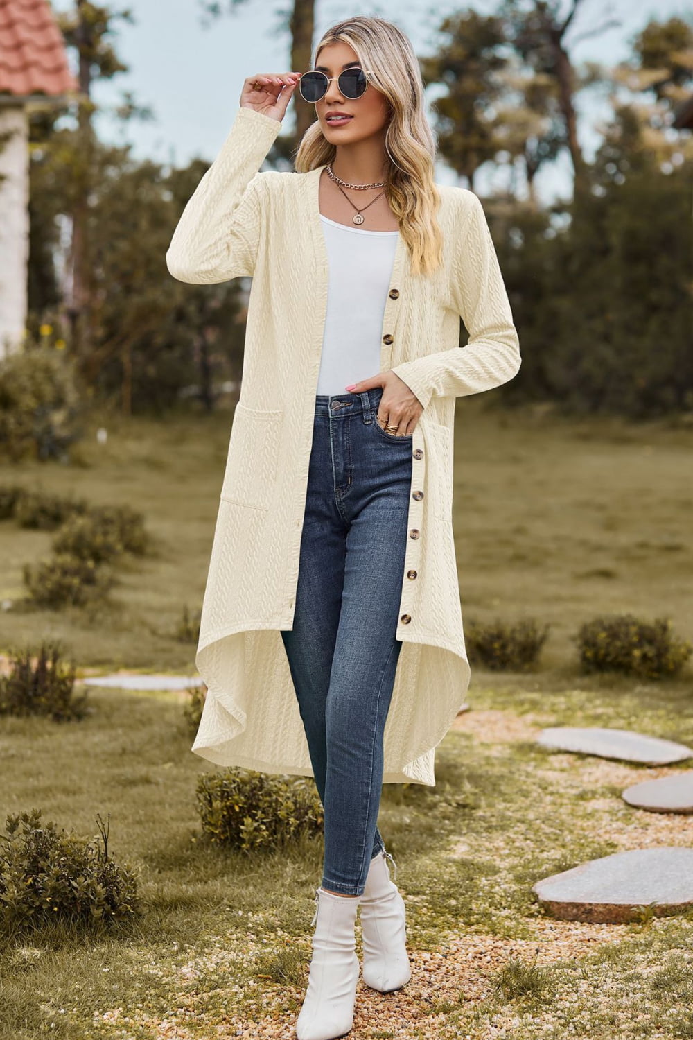 V-Neck Long Sleeve Cardigan with Pocket