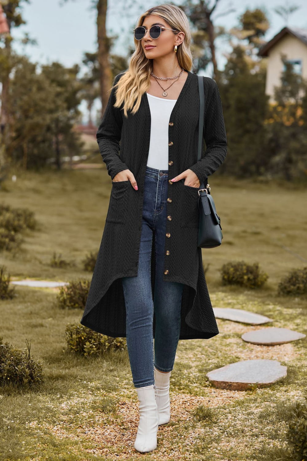 V-Neck Long Sleeve Cardigan with Pocket