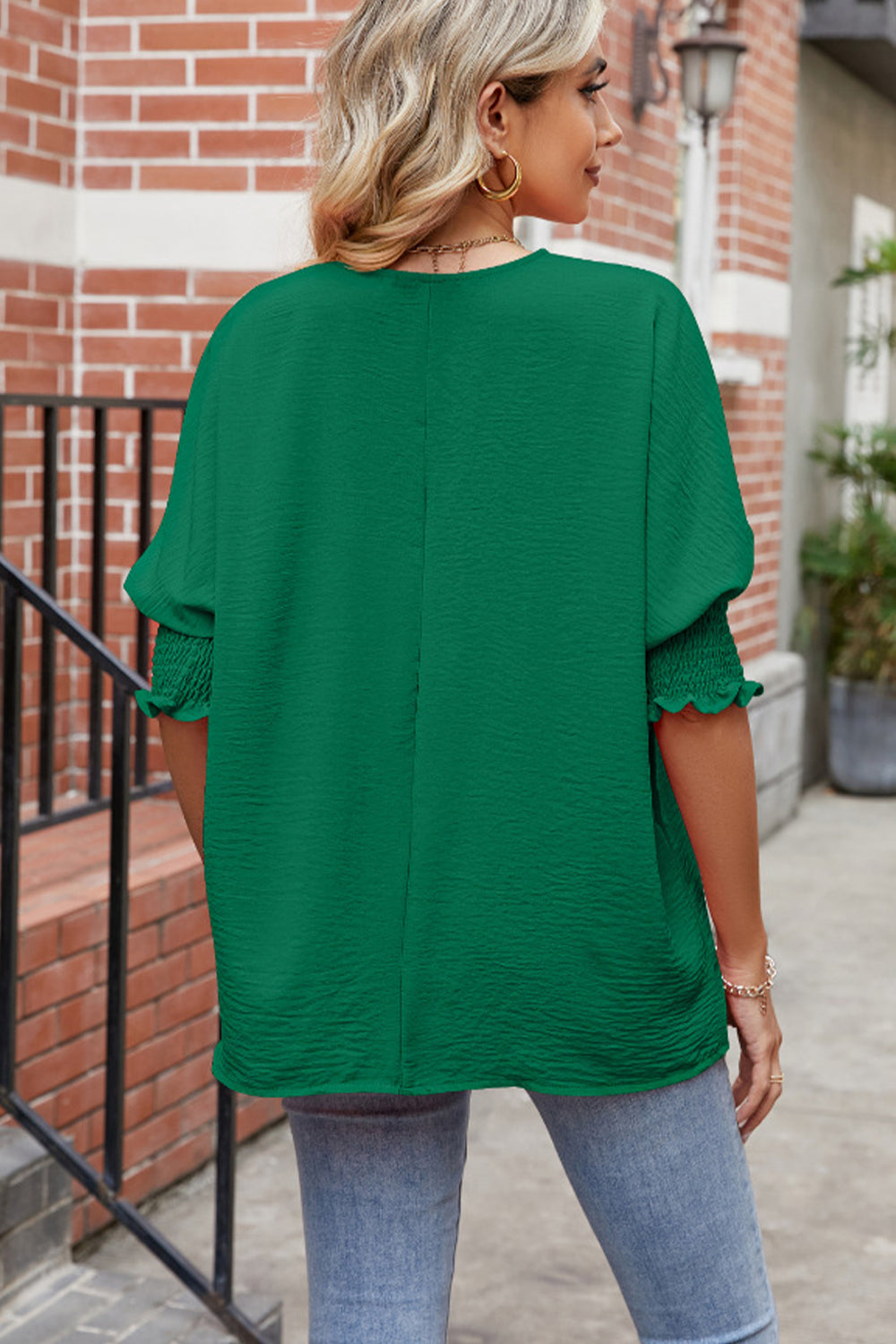 Round Neck Smocked Lantern Sleeve Blouse